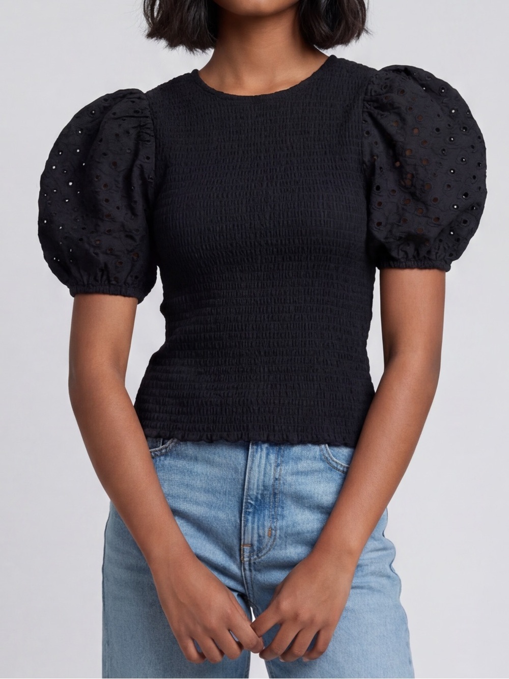 Art Class Black smocked eyelet puff sleeve milk maid Top cottagecore coquette